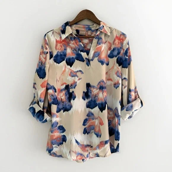 Chicos 2 Abstract Floral Blouse Top V Neck Roll Tab Slv Flowy Silky Satin Large - Picture 5 of 16